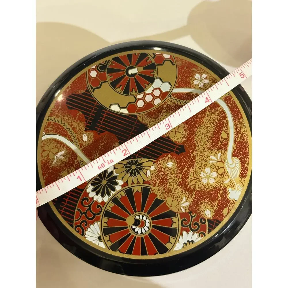 Small Round Decorative Black Lacquered Japanese Storage Stash Box gold